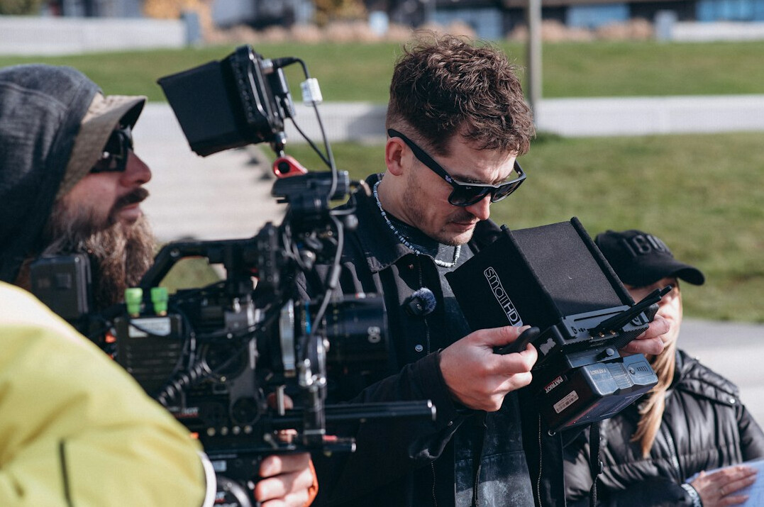 drone flying over film set
