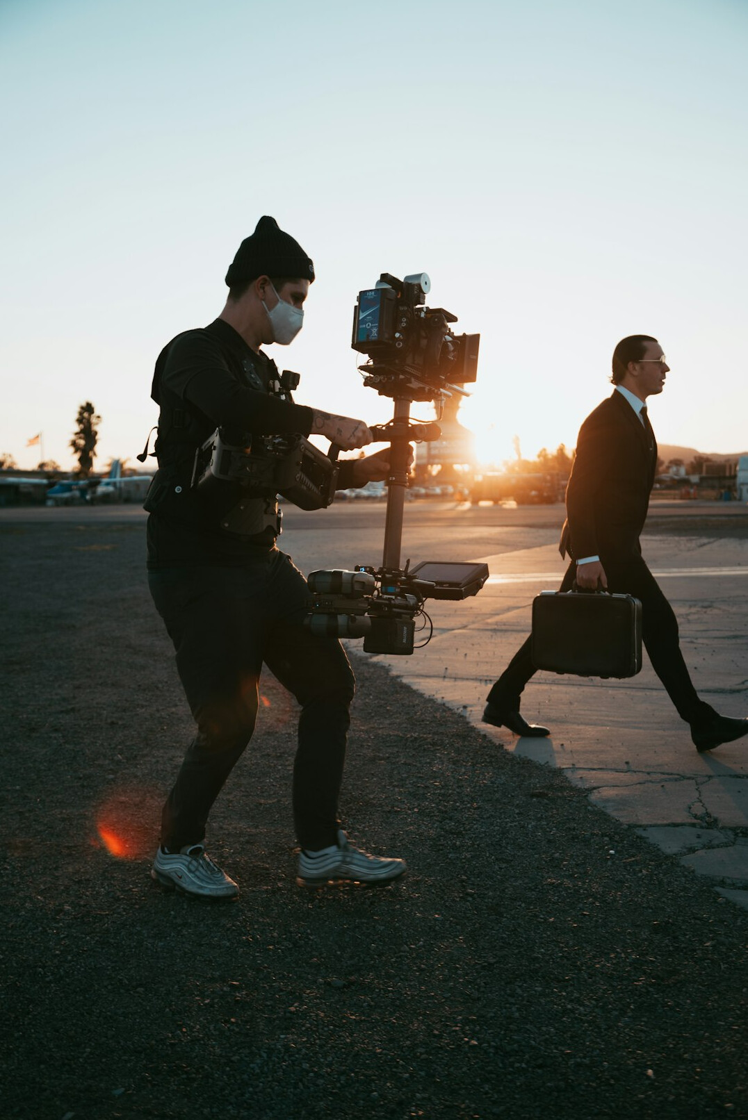 drone flying over film set